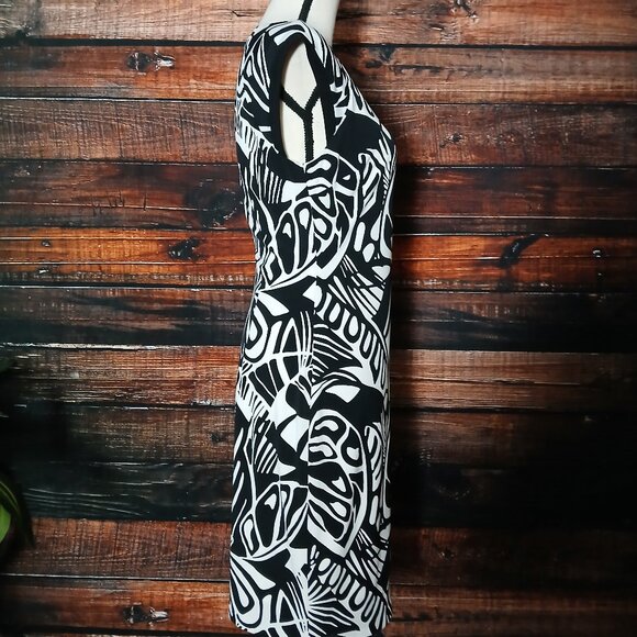 Cache Dress Size 8 White Black Leaf Sheath Cap Sleeve Lined Stretch Made In USA - Picture 7 of 8